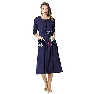                       Miss Chase Womens Navy Blue Round Neck 3/4 Sleeve Belted Solid Gathered Midi Dress                                              