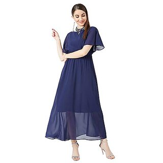                       Miss Chase Womens Navy Blue Flared Solid Embellished Gathered Maxi Dress                                              
