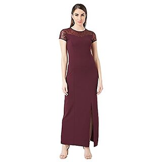                       Miss Chase Wine Red Round Neck Cap Sleeves Sequin Paneled Solid Bodycon Maxi Dress                                              