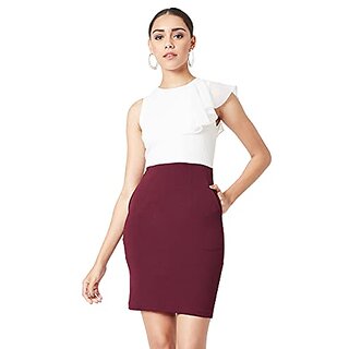                      Miss Chase Womens White & Wine Red Round Neck Sleeveless Solid Bodycon Mini Dress                                              