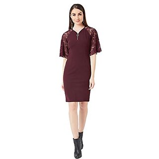                       Miss Chase Womens Designer Wine Red V-Neck Flared Sleeves Solid Knee-Length Bodycon Dress                                              
