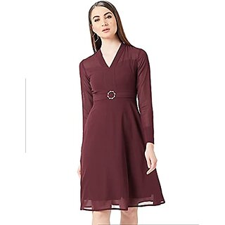                       Miss Chase Womens Wine Red V-Neck Full Sleeve Solid Fit & Flare Midi Dress                                              