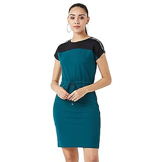                       Miss Chase Womens Green and Black Round Neck Continuous Sleeve Solid Paneled Knee-Long Dress                                              