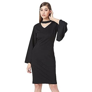                       Miss Chase Womens Black V-Neck Flared Sleeve Solid Bodycon Knee-Long Dress                                              