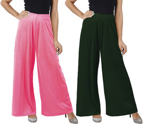 Befli M to 4XL Cotton Viscose Loose Fit Flared Wide Leg Palazzo Pants for Women Rose Bottle Green Combo Pack of 2