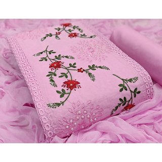 Women Shoppee Pink Embroidered Unstitched Wedding Cotton Blend Dress Material