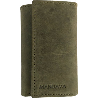 Mandava Genuine Leather Unisex Trifold Wallet with Key Pouch Key Case (Green)