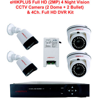                       eHIKPLUS Full HD (2MP) 4 Night Vision CCTV Camera (2 Dome + 2 Bullet)  4Ch. Full HD DVR Kit (All Accessories)                                              