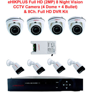                       eHIKPLUS Full HD (2MP) 8 Night Vision CCTV Camera (4 Dome + 4 Bullet)  8Ch. Full HD DVR Kit (All Accessories)                                              