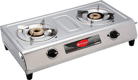 CARVES 2 Burner Stainless Steel LPG Gas Stove. It Comes with Round Steel (VS2) Pan Supports (ISI Certified)