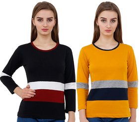 WE2 Cotton  Black And Yellow  Multicolor Pattern  T-shirt For Womens Pack Of 2