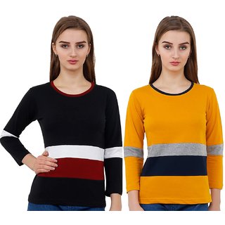 WE2 Cotton  Black And Yellow  Multicolor Pattern  T-shirt For Womens Pack Of 2