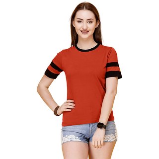 WE2 Cotton Red With Black Strips Pattern  Half Sleeve T-shirt For Womens