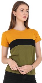 WE2 Cotton Yellow,Black And Green  Pattern  Half Sleeve T-shirt For Womens