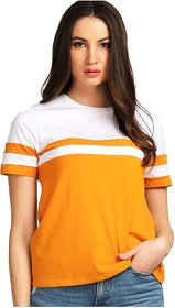 WE2 Cotton White And Yellow Pattern Half Sleeve T-shirt For Womens
