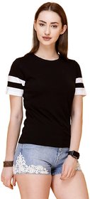 WE2 Cotton Black With White Strips Pattern Half Sleeve T-shirt For Womens