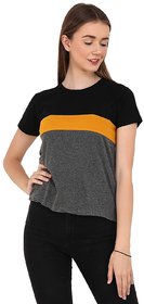 WE2 Cotton Black,Yellow And Grey Pattern Half Sleeve T-shirt For Womens