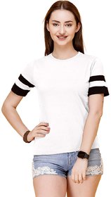 WE2 Cotton White With Black Strips Pattern Half Sleeve T-shirt For Womens