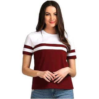 WE2 Cotton White And Red Pattern Half Sleeve T-shirt For Womens