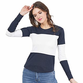 WE2 Cotton Navy And White Pattern Full Sleeve T-shirt For Womens