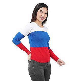 WE2 Cotton White,BlueAnd Red Pattern Full Sleeve T-shirt For Womens