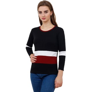 WE2 Cotton Black,White And Red Pattern Full Sleeve T-shirt For Womens