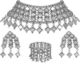 Zukhruf Fashion Afghani Style Silver Oxidised Mirror Choker Necklace Set with Bracelet for Women  Girls(SGM-022C)