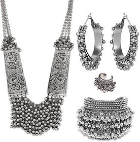 Zukhruf Fashion Jewellery Oxidised Silver Banjara Style Choker Necklace Set Ring with Earring (SGM-010C4)