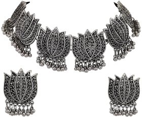 Zukhruf Fashion Oxidized Silver and Lotus Choker Necklace for Women(SGM-024)