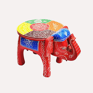 THE DISCOUNT STORE Primium Quality Wooden Decorative Rajastani Hand Painted Elephant Stool  Rajasthani Home Decor Handi