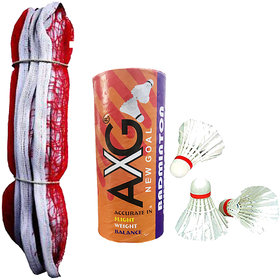 AXG NEW GOAL Feather Shuttles (Pack of 3) With 3 Side Tape Badminton Net