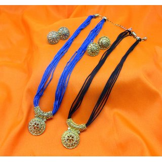                       Blue and black thread necklace set.                                              