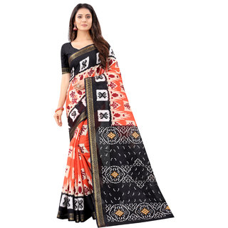                       Women Black  Orange Ikat Pattu Saree                                              