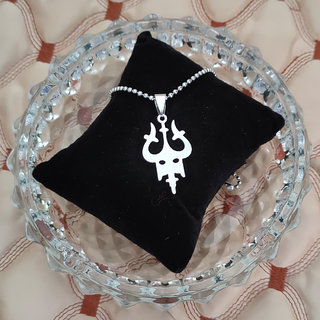                       M Men Style  Lord Shiv Trishul Damaru Mahadev Locket With Chain  Silver Stainless Steel Religious Pendant Necklace Chain                                              