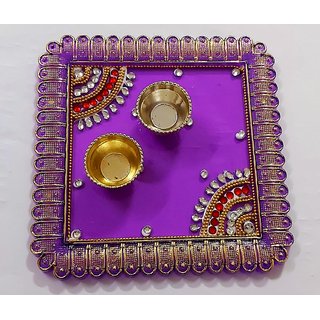 Kapoor Creations - Meenakari Purple Acrylic Puja Thali, Aarti Pooja Thali