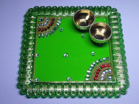 Kapoor Creations - Meenakari Parrot Green Acrylic Puja Thali, Aarti Pooja Thali