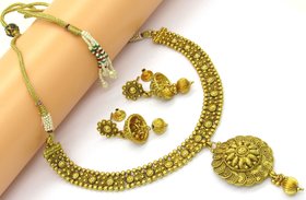Golden copper necklace with jhumka set
