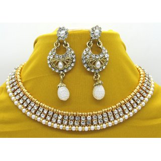                       White stone with pearl drop necklace set                                              