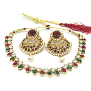                       Maroon Green Golden Kundan polki Necklace set                                              