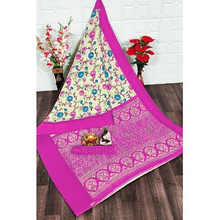                       Sharda Creation Pink Flower Printed Saree                                              