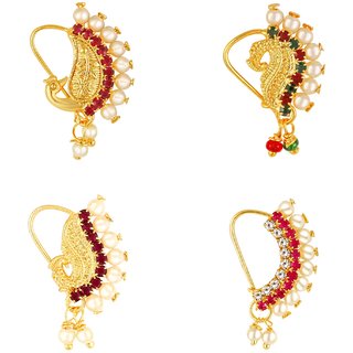                       Vighnaharta Piercing Gold Plated Mayur design with Pearls and AD Stone Alloy Maharashtrian Nath                                              