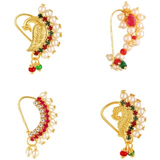                       Vighnaharta Piercing Gold Plated Mayur design with Pearls and AD Stone Alloy Maharashtrian Nath                                              
