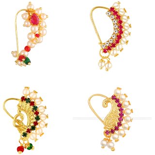                       Vighnaharta Piercing Gold Plated Mayur design with Pearls and AD Stone Alloy Maharashtrian Nath                                              