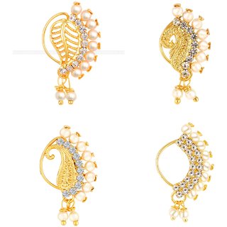 Vighnaharta Non Piercing Gold Plated Mayur design with Pearls and AD Stone Alloy Maharashtrian Nath Vighnaharta Non Piercing Gold Plated Mayur design with Pearls and AD Stone Alloy Maharashtrian Nath