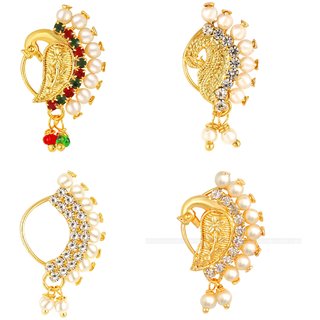                       Vighnaharta Non Piercing Gold Plated Mayur design with Pearls and AD Stone Alloy Maharashtrian Nath                                              