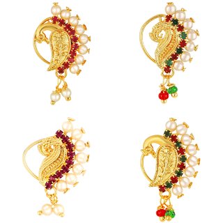                       Vighnaharta Non Piercing Gold Plated Mayur design with Pearls and AD Stone Alloy Maharashtrian Nath                                              