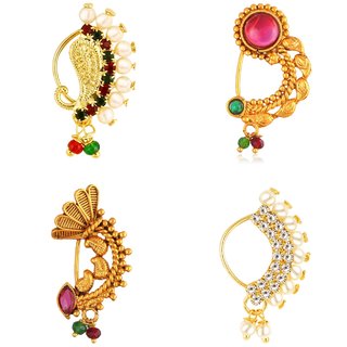 Vighnaharta Non Piercing Gold Plated Mayur design with Pearls and AD Stone Alloy Maharashtrian Nath Vighnaharta Non Piercing Gold Plated Mayur design with Pearls and AD Stone Alloy Maharashtrian Nath