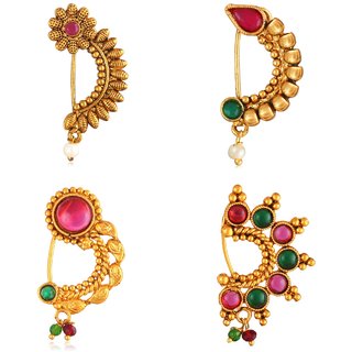 Vighnaharta Non Piercing Oxidised Gold with Artificial stone and beads Red Stone Alloy Maharashtrian Nath Vighnaharta Non Piercing Oxidised Gold with Artificial stone and beads Red Stone Alloy Maharashtrian Nath