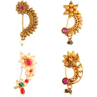                       Vighnaharta Non Piercing Oxidised Gold with Artificial stone and beads Red Stone Alloy Maharashtrian Nath                                              