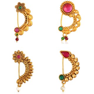                      Vighnaharta Non Piercing Oxidised Gold with Artificial stone and beads Red Stone Alloy Maharashtrian Nath                                              